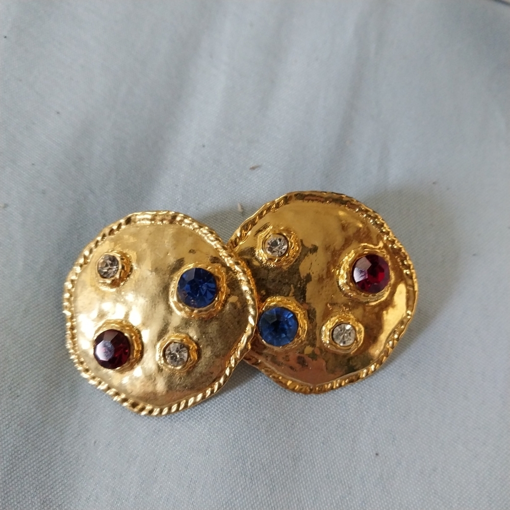 Vintage Edouard Rambaud Earrings 1980s Mogul Rhinestone Hammered Gold Tone Studs